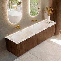 Badmeubel Mondiaz Kurve-Dlux | 175 cm | Meubelkleur Walnut | Wastafelkleur Frappe | Solid surface | Dubbele spoelbak | Zonder kraangat(en)