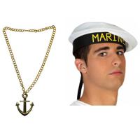 Carnaval verkleed Matrozen hoedje - wit - met gouden anker ketting - volwassenen - thumbnail