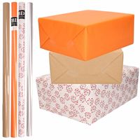 8x Rollen transparant folie/inpakpapier pakket - oranje/bruin/wit met hartjes 200 x 70 cm