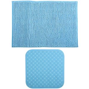 MSV Douche anti-slip mat en droogloop mat - Sevilla badkamer set - rubber/microvezel - lichtblauw