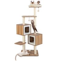 Krabpaal Hout 163 cm 6 Verdiepingen Grote Kattenboom Kattenkrabpaal Klimboom Beige + Natuur