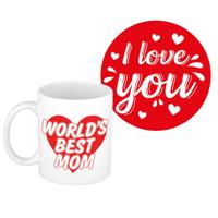 Liefste mama cadeau koffiemok - rood hartje - met I love you onderzetters - moederdag - verjaardag