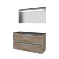Basic-Line Economic 46 Badkamermeubelset - 120 x 46 cm - Greeploos - 2 Lades - Hardstenen Wastafel - 2 Kraangaten - Spiegel met LED Verlichting - Scotch Oak