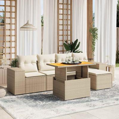 6-delige Loungeset met kussens poly rattan beige