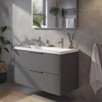 Saqu Lima badmeubel incl. mat witte wastafel met 2 kraangaten 100x52x64cm gebrand zwart - rvs greep