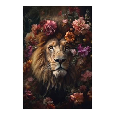Glasschilderij - Leeuw Met Bloemen - 120 x 80 cm