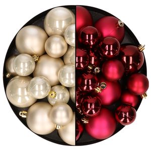 Kerstversiering kunststof kerstballen mix champagne/donkerrood 6-8-10 cm pakket van 44x stuks