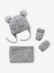 Set van babymeisjes muts + snood + wanten met stippen donkergrijs gechineerd