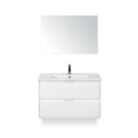 Porto Badmeubelset 90 cm - Wit Hoogglans - Keramische Wastafel Wit Slim - met Spiegel