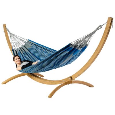 Tweepersoons hangmat met houten standaard - 350x160cm -Blauw - 160kg draagkracht- 100% katoen - binnen & buiten