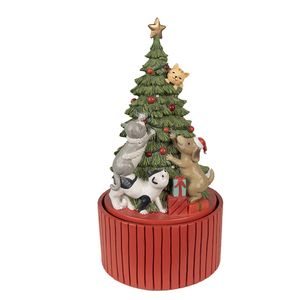 Clayre & Eef Muziekdoos Kerstboom Ø 14x27 cm Groen Rood Polyresin Kerstdecoratie Groen Kerstdecoratie