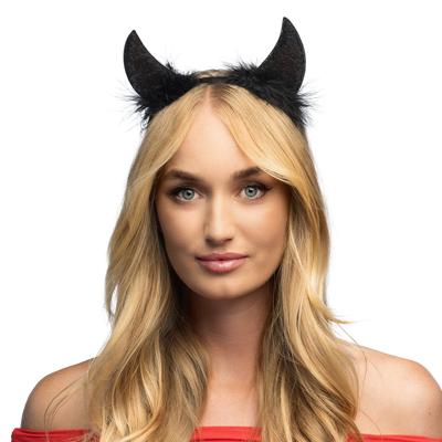 Duivel hoorntjes - zwart - kunststof - Halloween thema - dames - diadeem - tiara - pailletten