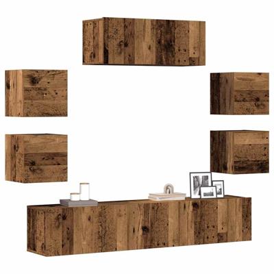 7-delig Tv-meubelset wandmontage bewerkt hout oud houtkleurig