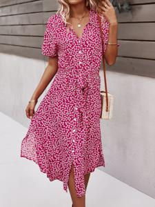 Small Floral Casual V Neck Buckle Dress With No