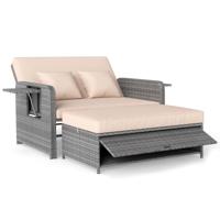 PE-Rotan Tuinbed voor Terras Tweezitsbank & Opbergkist met Rugleuning Verstelbaar in 4 Standen & Opklapbare Zijtafels Rieten Fauteuil voor Tuin & Zwembad-Geelbruin