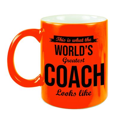 Worlds Greatest Coach cadeau koffiemok/theebeker neon oranje 330 ml