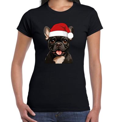 Kerst T-shirt voor dames - Franse Bulldog met kerstmuts - zwart - Kerstfeest Kerst T-shirt voor dames - Franse Bulldog met kerstmuts - zwart - Kerstfeest