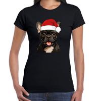 Kerst T-shirt voor dames - Franse Bulldog met kerstmuts - zwart - Kerstfeest