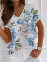 Floral V Neck Cotton Blends Shirt Sleeve Short sleeve Top