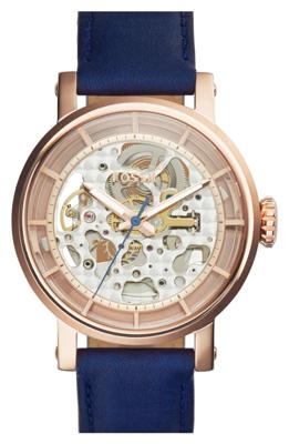 Fossil Japans automatisch modehorloge voor dames in blauw leer ME3086