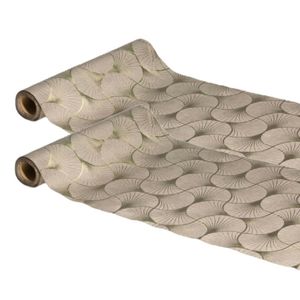 Tafelloper op rol - 2x - ginkgo print - beige/champagne - 28 x 300 cm - polyester