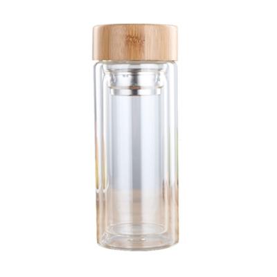 Glazen water thee flessen met infuus bamboe deksel dubbele muur korte draagbare buiten fles 350ML