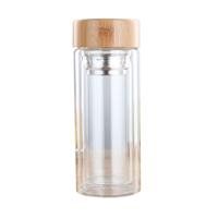 Glazen water thee flessen met infuus bamboe deksel dubbele muur korte draagbare buiten fles 350ML