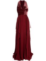 Elie Saab robe longue en velours satiné à col v - Rouge - thumbnail