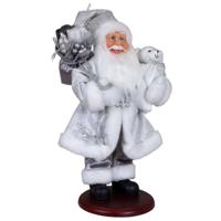 Kerstman pop Hans op plateau - H45 cm - zilver/wit - staand - kerst beeld -decoratie figuur