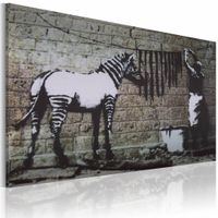 Schilderij - Banksy - Zebra Wassen, 40x60cm , zwart wit , wanddecoratie , premium print op canvas