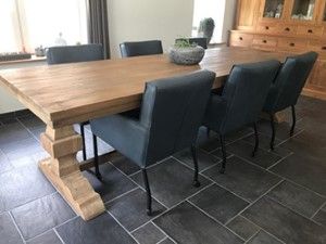 Set van 6 leren eetkamerstoelen - met armleuning en wieltjes - blauw leer - Echt leer, Modern, ontdek de vele Leersoorten en Kleuren bij ShopX