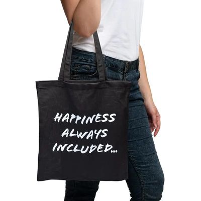 Tas Katoen Antraciet &apos;Happiness&apos; - 38 x 42 cm