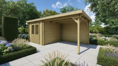 Classicline Blokhut Limburg vuren groen geïmpregneerd 250x250 cm + overkapping 300 cm- Lessenaarsdak- - Van Kooten Classicline Blokhut Limburg vuren groen geïmpregneerd 250x250 cm + overkapping 300 cm- Lessenaarsdak- - Van Kooten