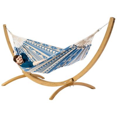 Eenpersoons hangmat met houten standaard - 300x140cm - Blauw - 120kg draagkracht- 100% katoen - binnen & buiten