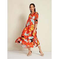 Dames Swingjurk Boho-jurk Jurk met print Maxi-jurk Oranje Halve Mouw Bloem / Planten Bloemen Stijl Opdrukken Lang Lente zomer Y-hals Boho Strand XS S M - thumbnail