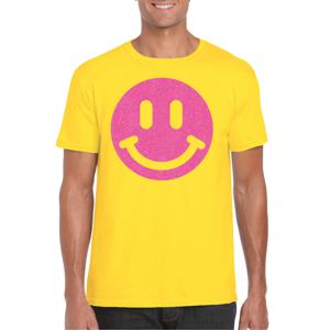 Verkleed T-shirt voor heren - smiley - geel - carnaval/foute party - feestkleding