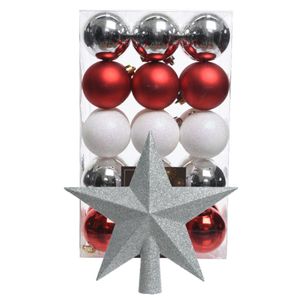 Kerstballen 30x st - parelmoer wit/rood/zilver- 6 cm - met ster piek zilver- kunststof