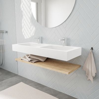 Mondiaz Alan badmeubel 120 cm planchet washed oak vrijhangend wastafel dubbel 2 kraangaten wit