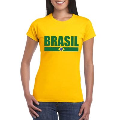 Brazilie supporters kleding t-shirt - voor dames - geel - met vlag kleuren print - korte mouwen
