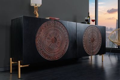 Massief dressoir MANDALA 160cm mangohout zwart gouden poten - 41121