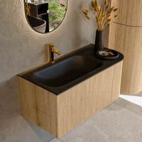 Mondiaz KURVE 95 cm Onderkast Greeploos 1 Lade Met Deuren Oak, Wastafel Solid Surface Links Urban 1 Kraangat Zonder Spiegel (KRVBGS95R1L1D1KL-Oak/Urb)