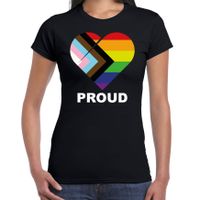 Proud progress pride vlag hartje / LHBT t-shirt zwart voor dames - thumbnail