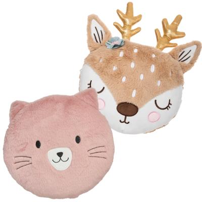 Dieren sierkussens kinderkamer - kat/poes/hertje - roze/bruin - 30/31 cm - polyester