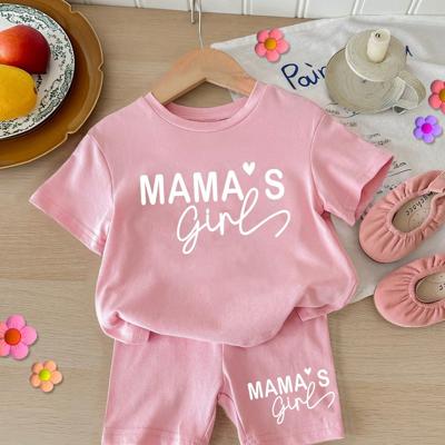 Baby Girls 2pcs Set Round Neck Short Sleeve T-Shirt And Leggings, Casual & Minimalist Pink