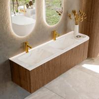 Mondiaz KURVE-DLUX 155 cm Onderkast Greeploos 2 Lades Met Deuren Walnut, Wastafel Solid Surface Links Ostra 2 Kraangaten Zonder Spiegel (KRVLEA155R2L1D2KD-Wal/Ost)