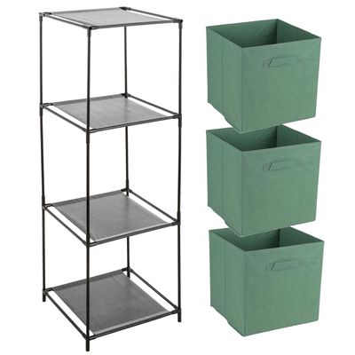 Opbergrek 3-laags - metaal - kunststof - zwart - 34 x 98 cm - incl. 3 opbergmanden groen