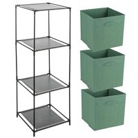 Opbergrek 3-laags - metaal - kunststof - zwart - 34 x 98 cm - incl. 3 opbergmanden groen