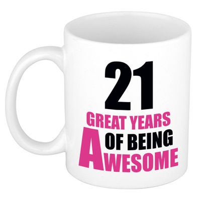 21 great years of being awesome cadeau mok / beker wit en roze