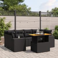 7-delige Loungeset met kussens poly rattan zwart