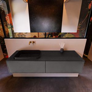 Badkamermeubelset Mondiaz Erin 150 cm met 2 Lades met RIDGE Wastafel Links Urban Zonder Kraangaten Greeploos Mat Dark Grey